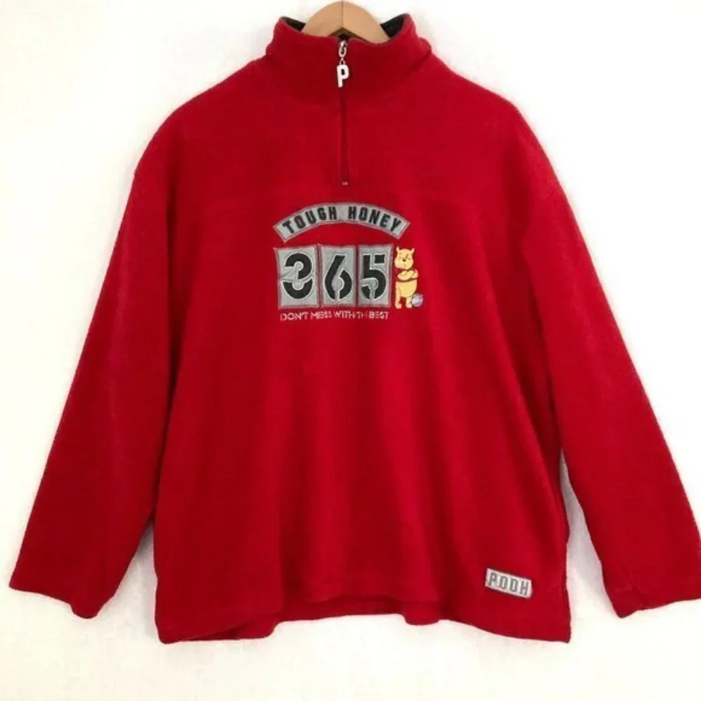 Disney Winnie The Pooh Fleece Sweater Womens XL Red 1/4 Zip Pullover Embroidered